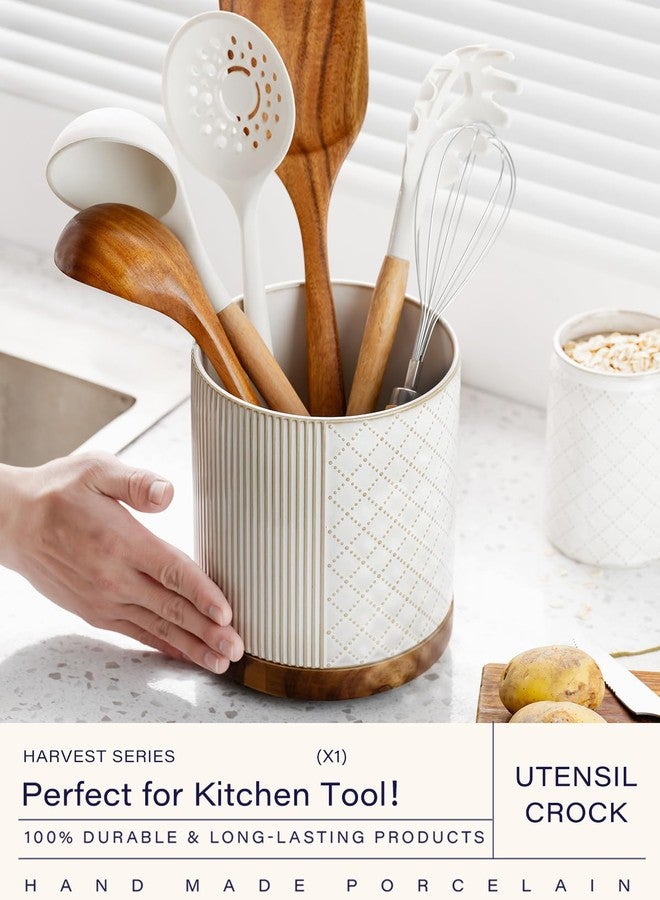 getstar 360° Rotating Kitchen Utensil Holder, Large Ceramic Cooking Utensil Holder for Kitchen Counter with Rotatable and Detachable Wooden Base - Image 3